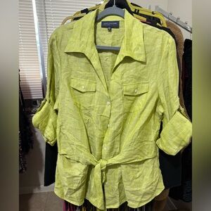 Jones New York 100% Linen Green Top Button Blause Shirt Roll Tab Sleeves